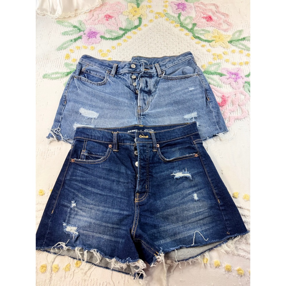 Old Navy High Rise Distressed Denim Shorts Bundle Size 8 Button Fly A-Line 2pk